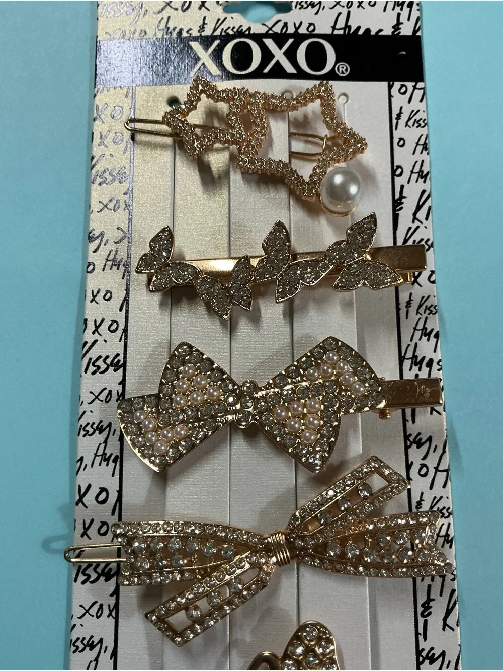 XOXO Gold Rhinestone Butterfly Stars & Bow Hair Clip Set of 5